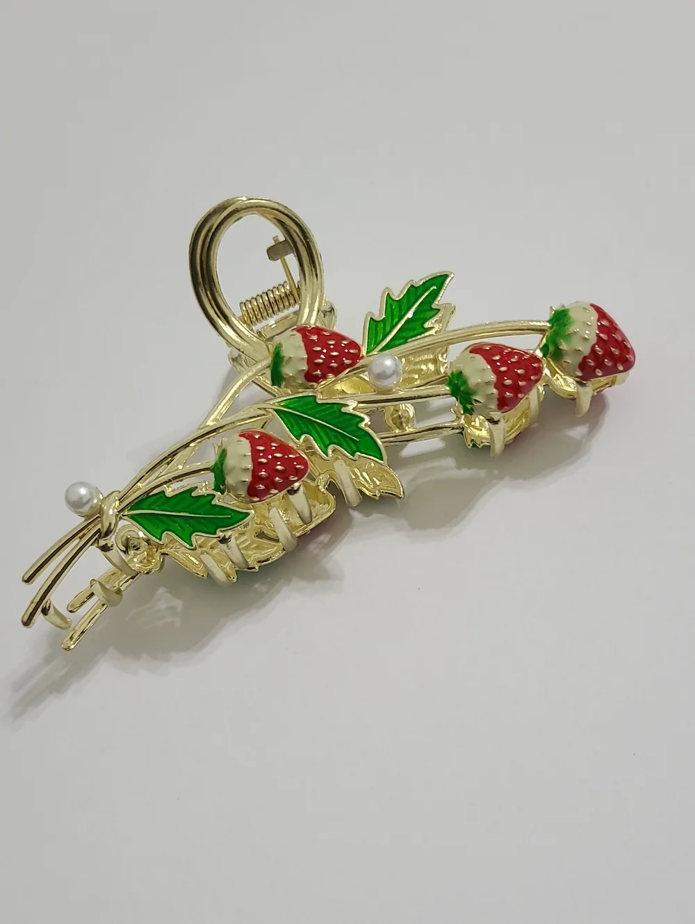 Gold-tone Strawberry Leaf Hair Claw Clip with Red & Green Enamel NWOT